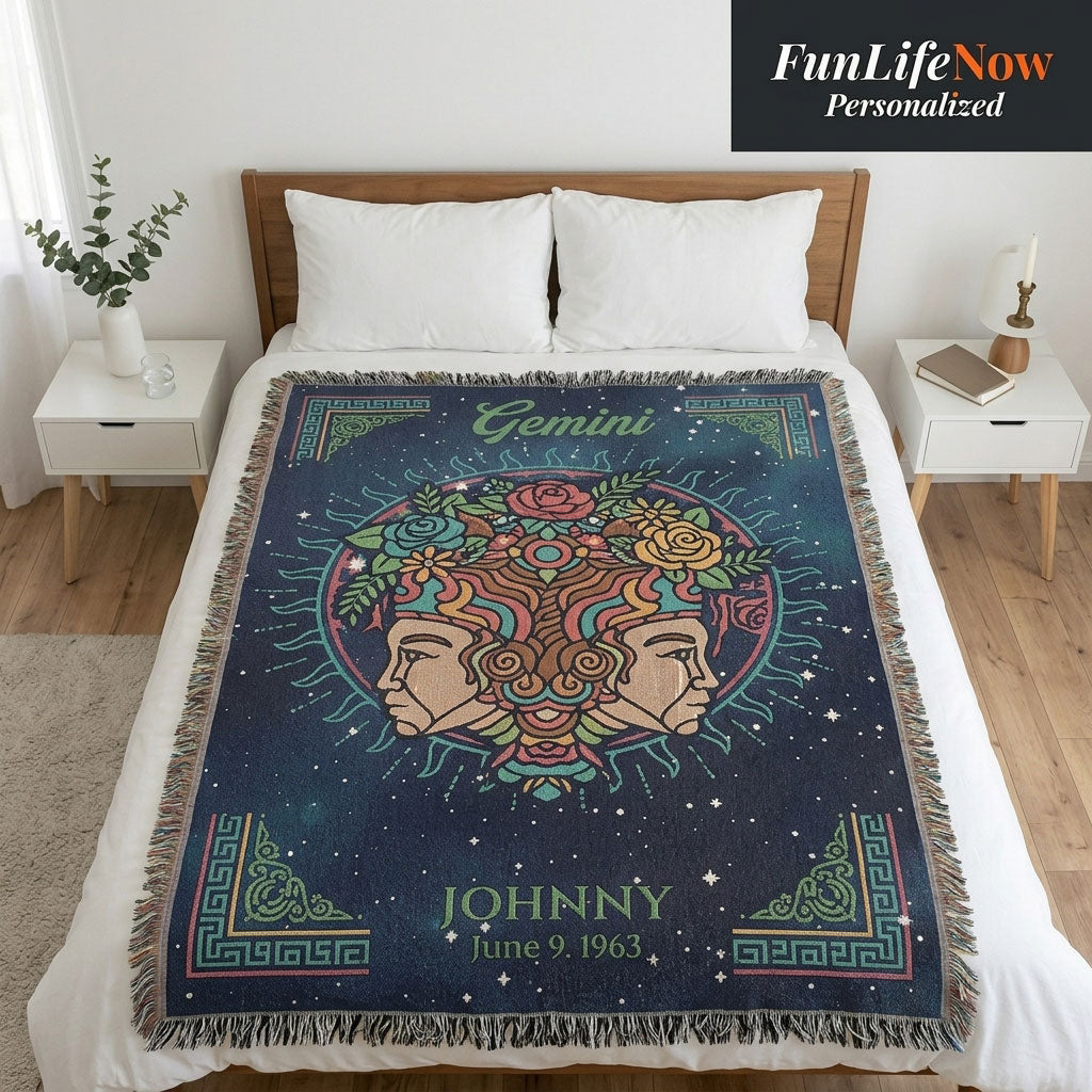 Personalized Gemini Zodiac Woven Blanket Astrology Gift Custom Throw