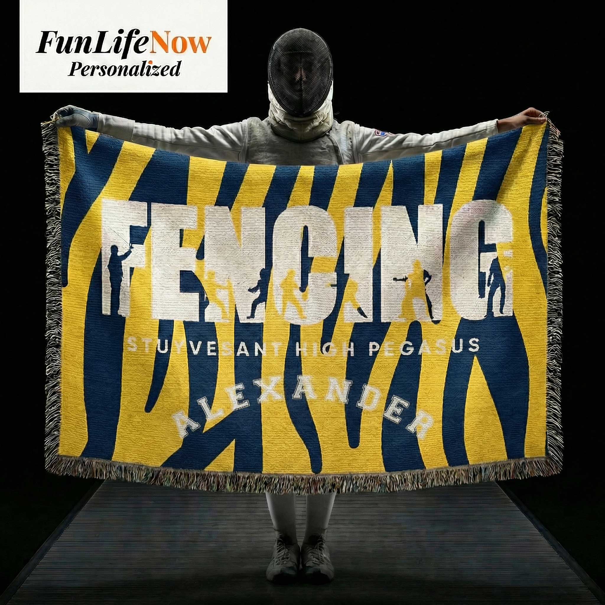 Person holding a 'FENCING' themed blanket with personalized text against a black background. Available at Funlifenow.com