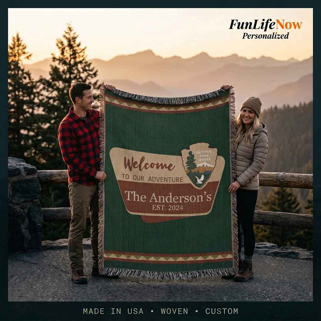Personalized National Park Camping Woven Blanket Custom Family Adventure Throw