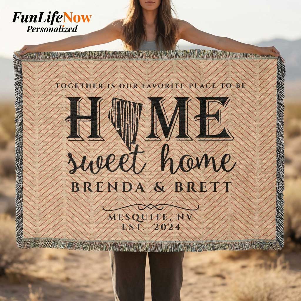 Person holding a Nevada State personalized blanket with 'Home sweet home' and names printed on it. Blanket available at funlifenow.com