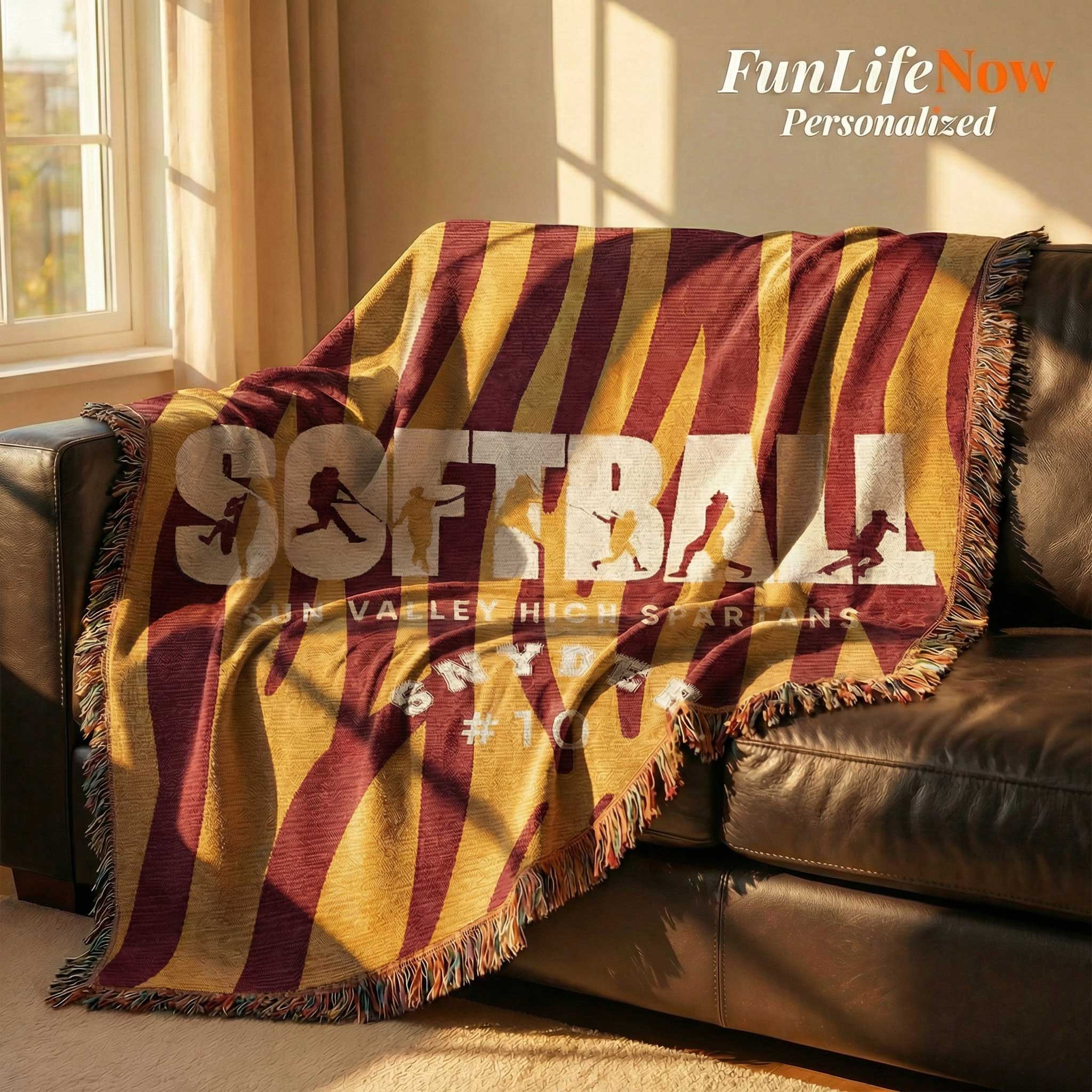 personalized Softball-themed blanket draped over a couch in a sunlit room with 'FunLifeNow' branding.