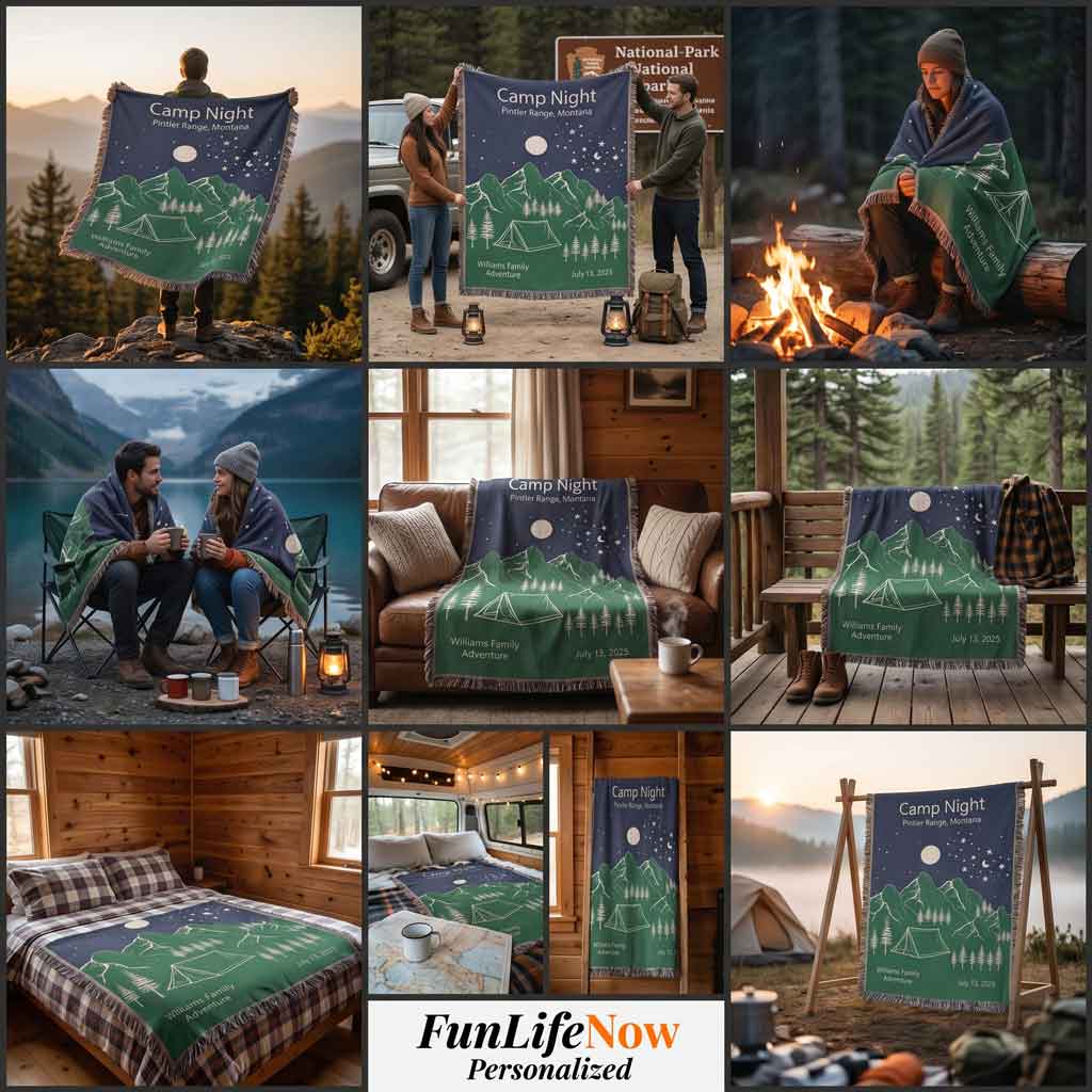 Personalized Camp Night Woven Blanket Custom Tent Camping Gift Throw