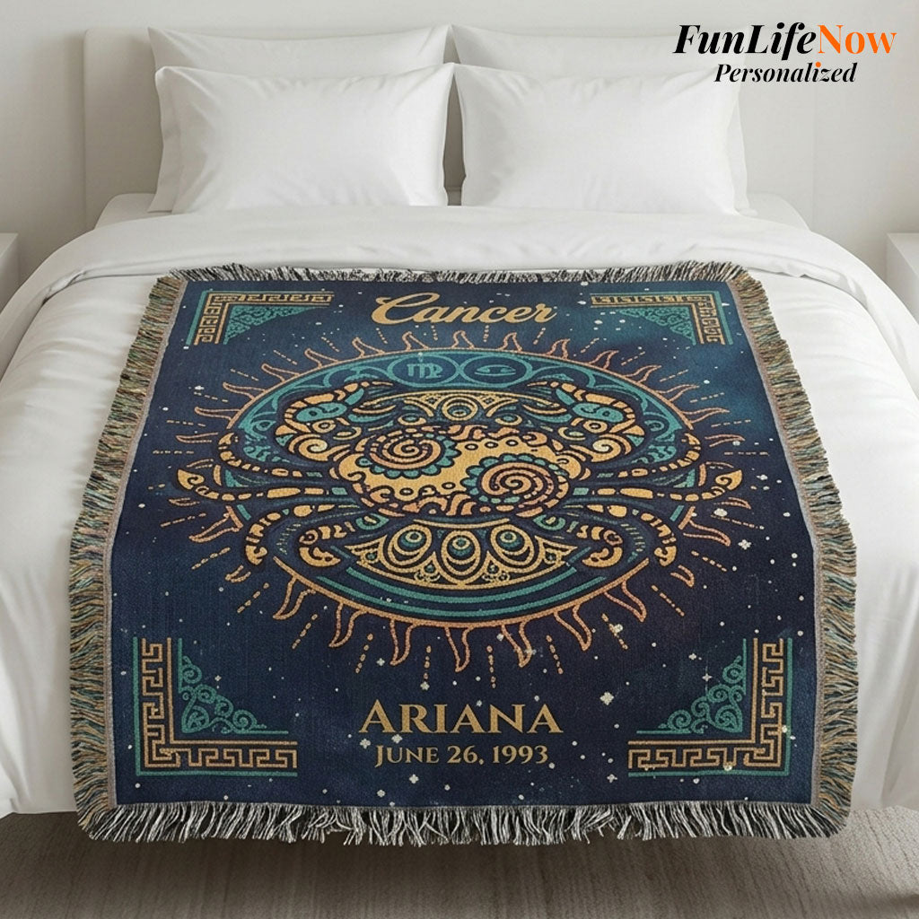 Personalized Cancer Zodiac Woven Blanket Astrology Gift Custom Throw