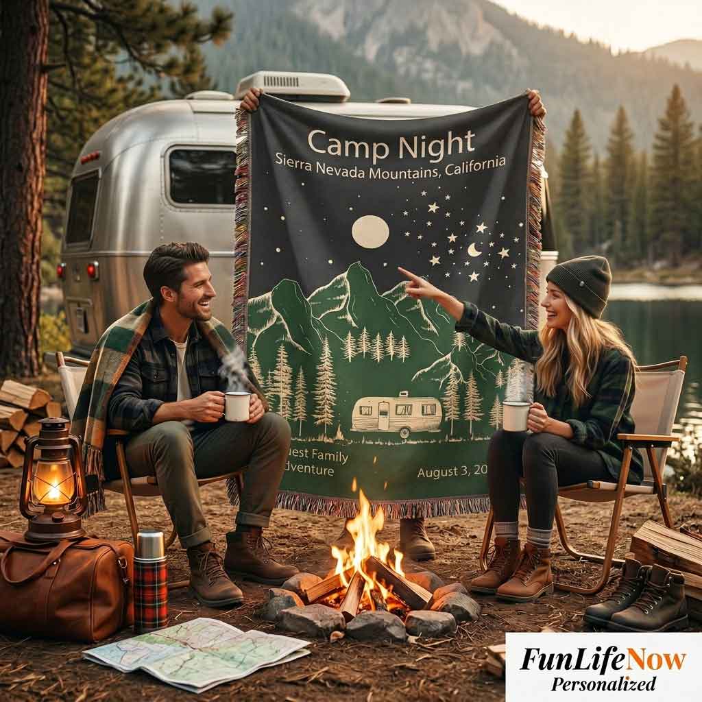 Personalized Camper Night Woven Blanket Custom RV Adventure Gift Throw