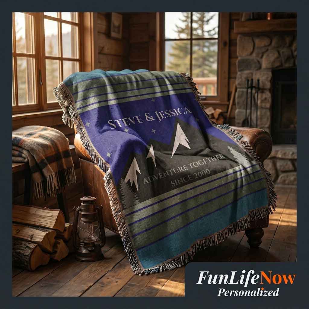 Personalized Mountain Adventure Woven Blanket Custom Couples Camping Gift Throw