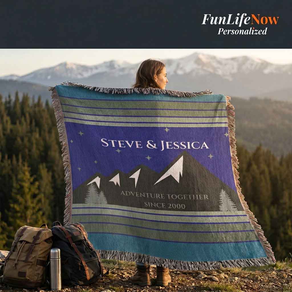 Personalized Mountain Adventure Woven Blanket Custom Couples Camping Gift Throw