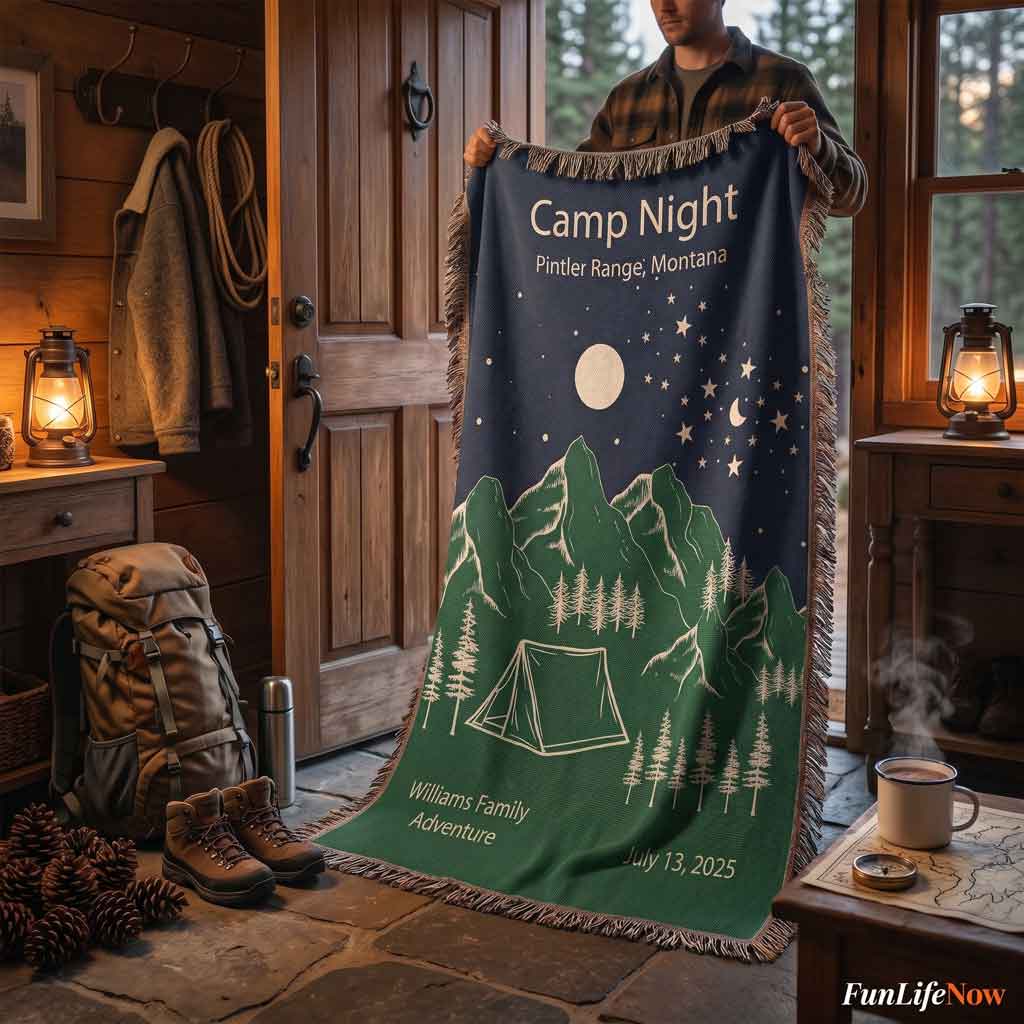 Personalized Camp Night Woven Blanket Custom Tent Camping Gift Throw