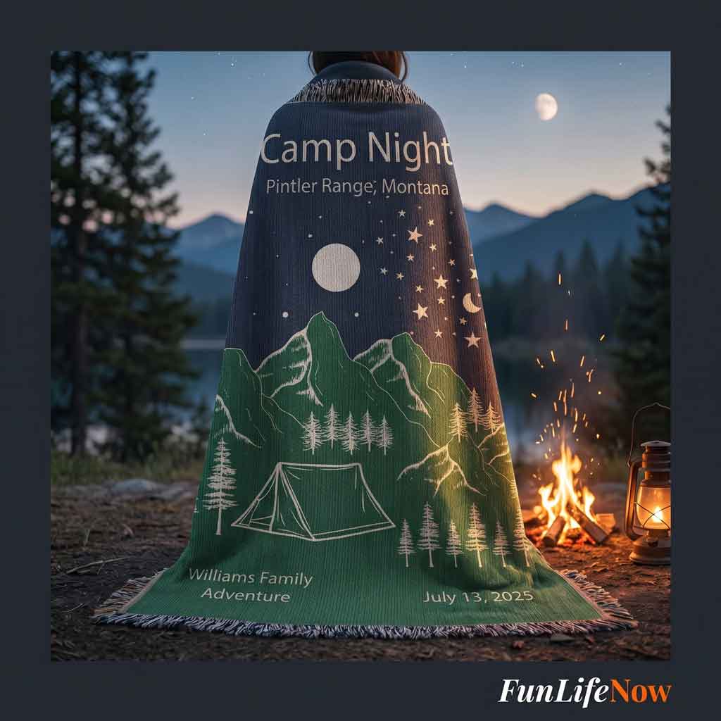 Personalized Camp Night Woven Blanket Custom Tent Camping Gift Throw
