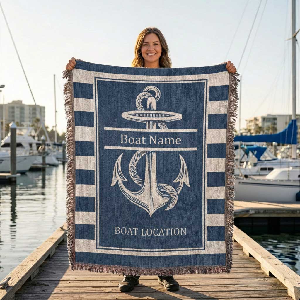 Man holding a personalized boating blanket with custom boat name branding at a marina. Custom blanket available at Funlifenow.com