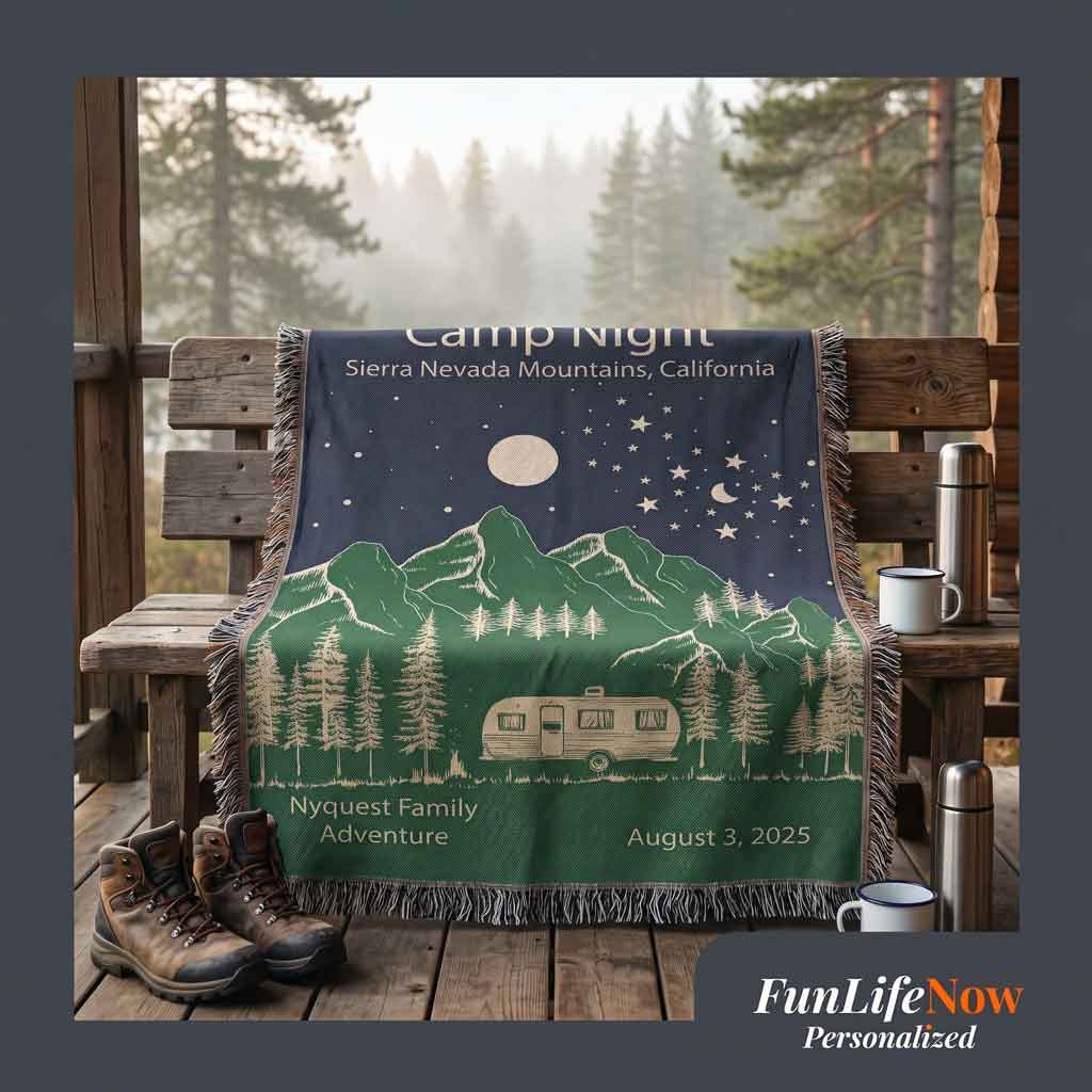 Personalized blanket with camping design on a wooden chair outdoors.