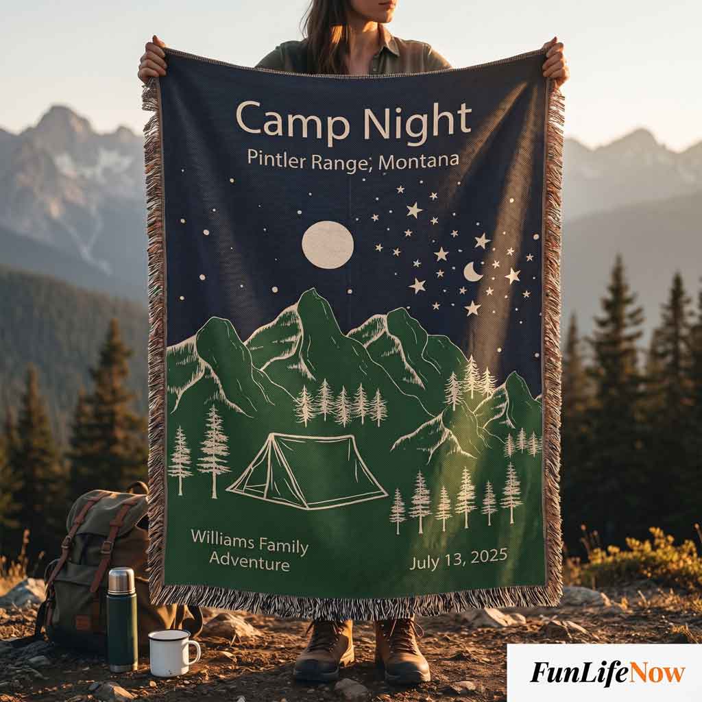 Personalized Camp Night Woven Blanket Custom Tent Camping Gift Throw