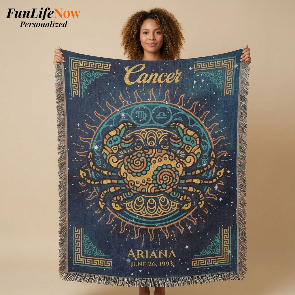 Personalized Cancer Zodiac Woven Blanket Astrology Gift Custom Throw
