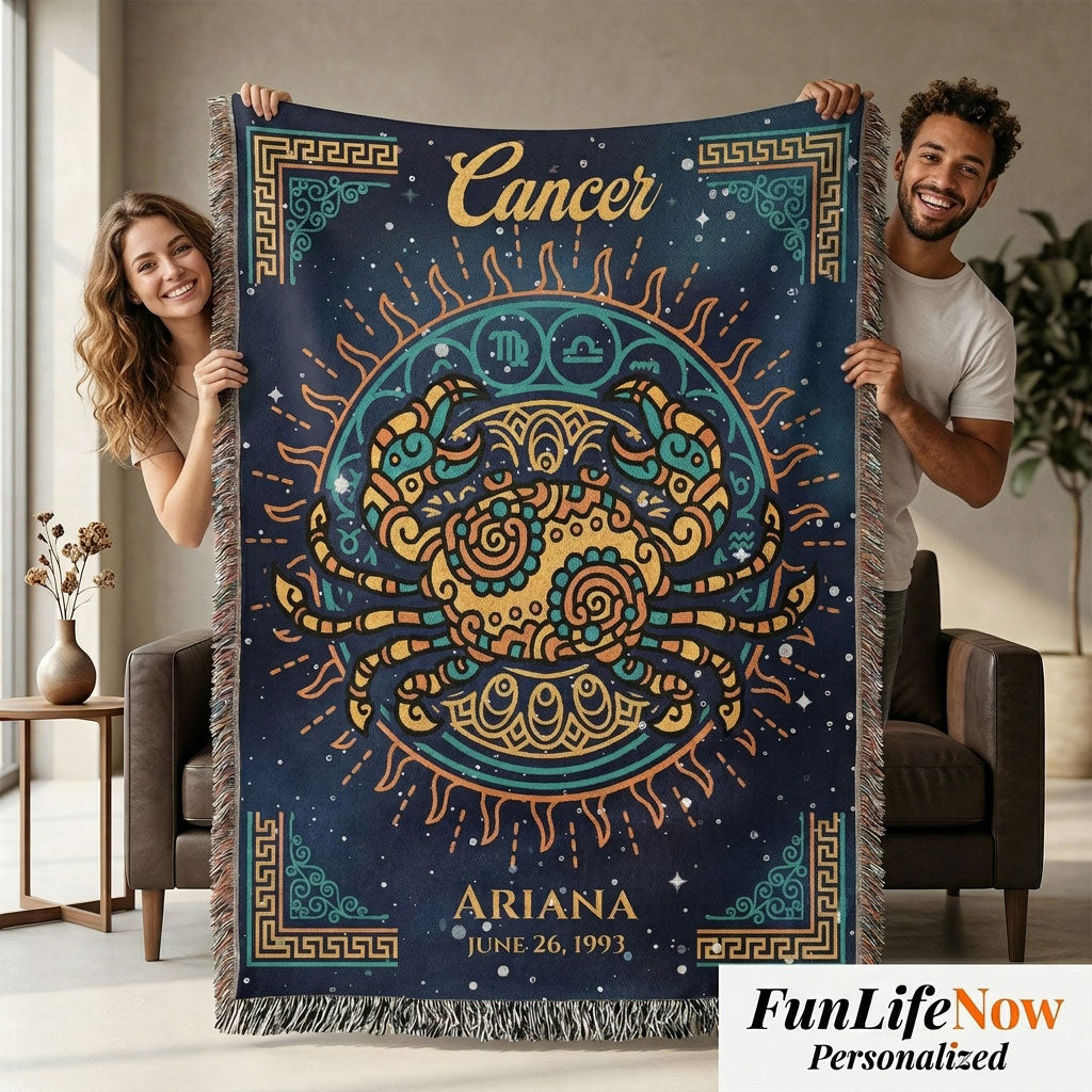 Personalized Cancer Zodiac Woven Blanket Astrology Gift Custom Throw