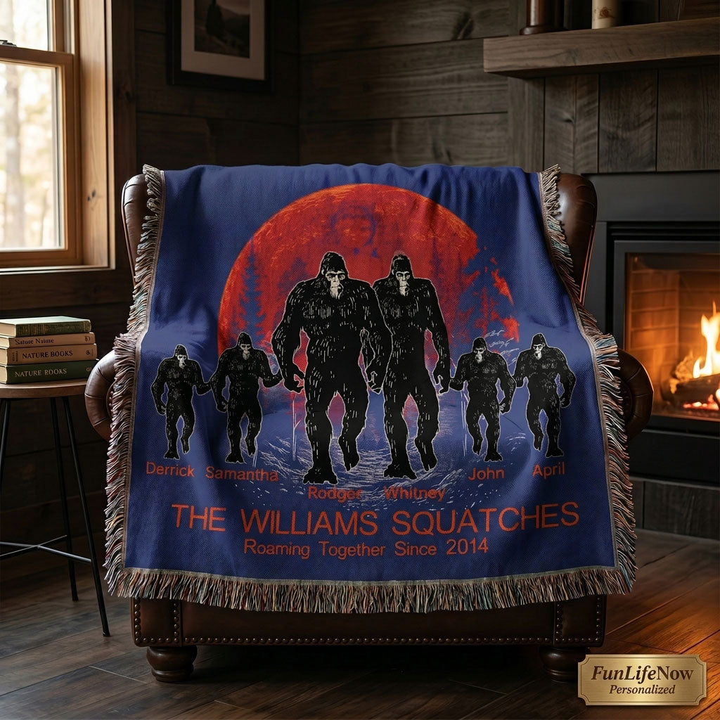 Personalized Family Bigfoot Woven Blanket – Custom Sasquatch Family Gift Throw