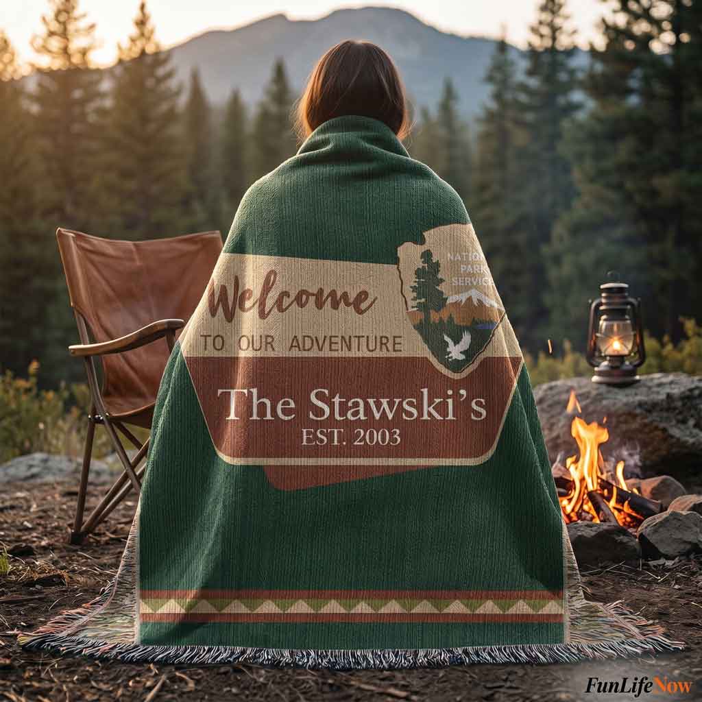 Personalized National Park Camping Woven Blanket Custom Family Adventure Throw