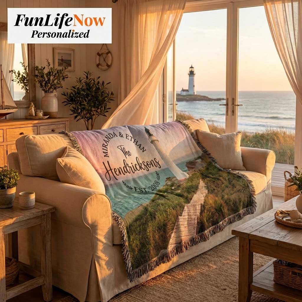 Person holding a personalized blanket with a lighthouse design and custom names and dates woven into blanket. Blanket available at funlifenow.com