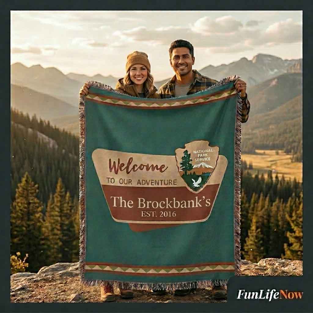 Personalized National Park Camping Woven Blanket Custom Family Adventure Throw