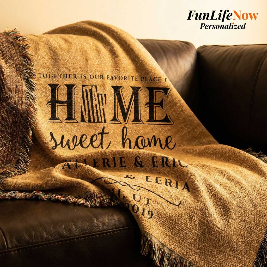 Brown blanket with 'Home sweet home' text and personalized names on a brown couch, featuring 'FunLifeNow Personalized' branding.