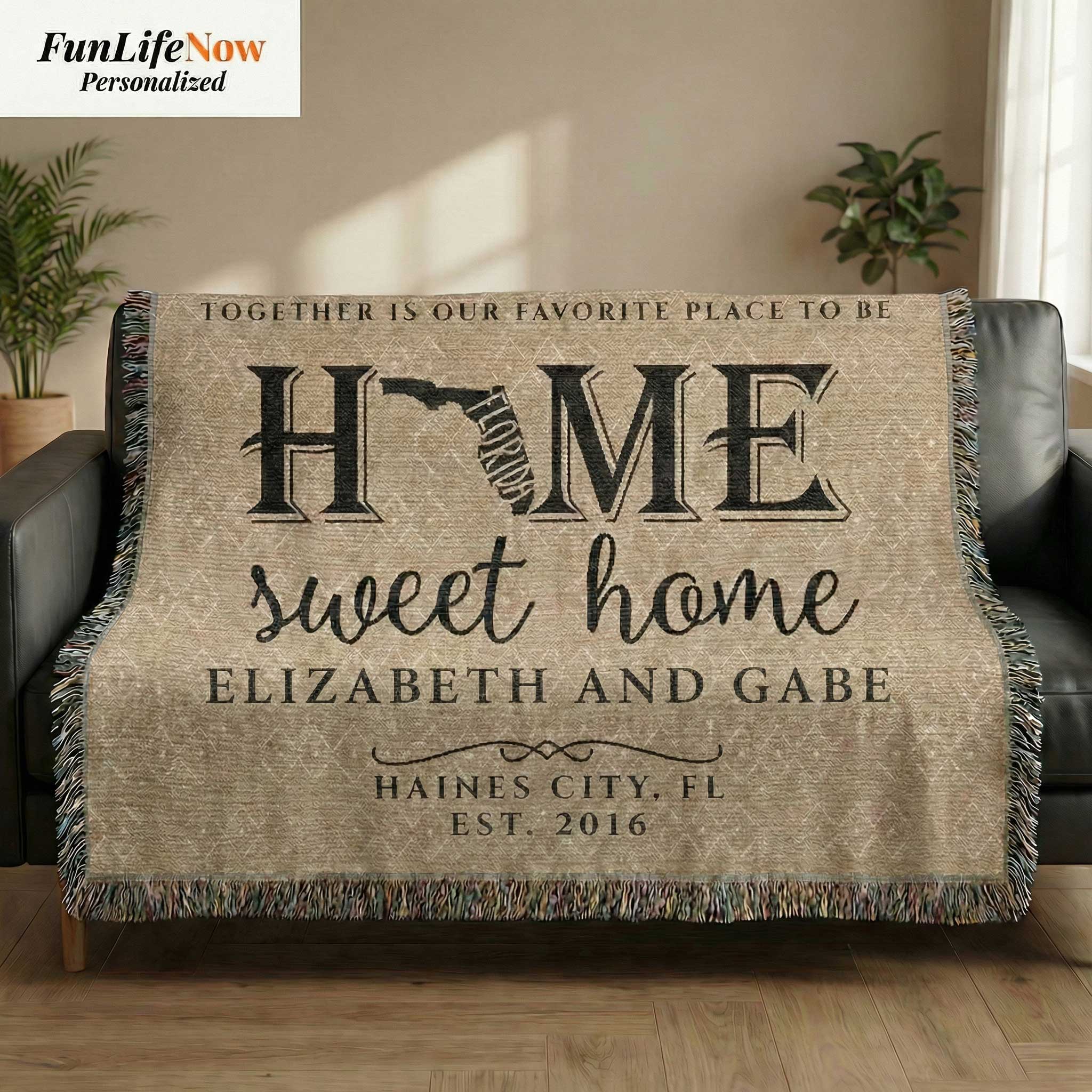Personalized blanket with Florida graphic and 'Home sweet home' text on a couch. Blanket available at funlifenow.com