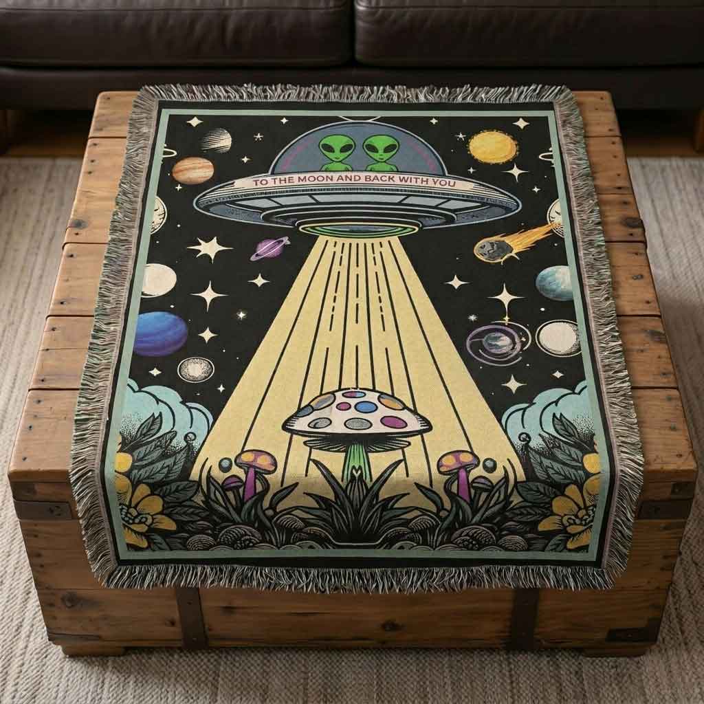 Personalized Alien Couple UFO Woven Blanket Custom Space Gift Throw