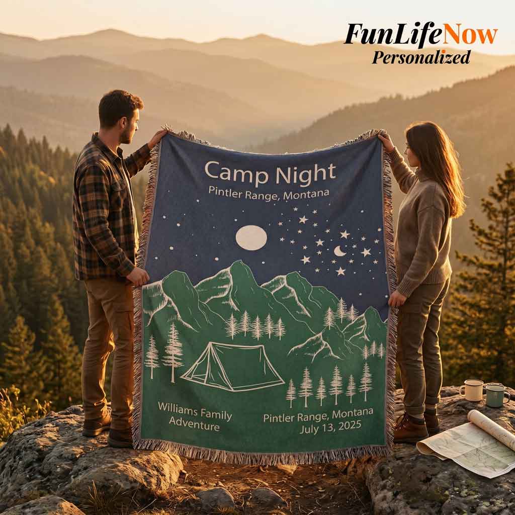 Personalized Camp Night Woven Blanket Custom Tent Camping Gift Throw