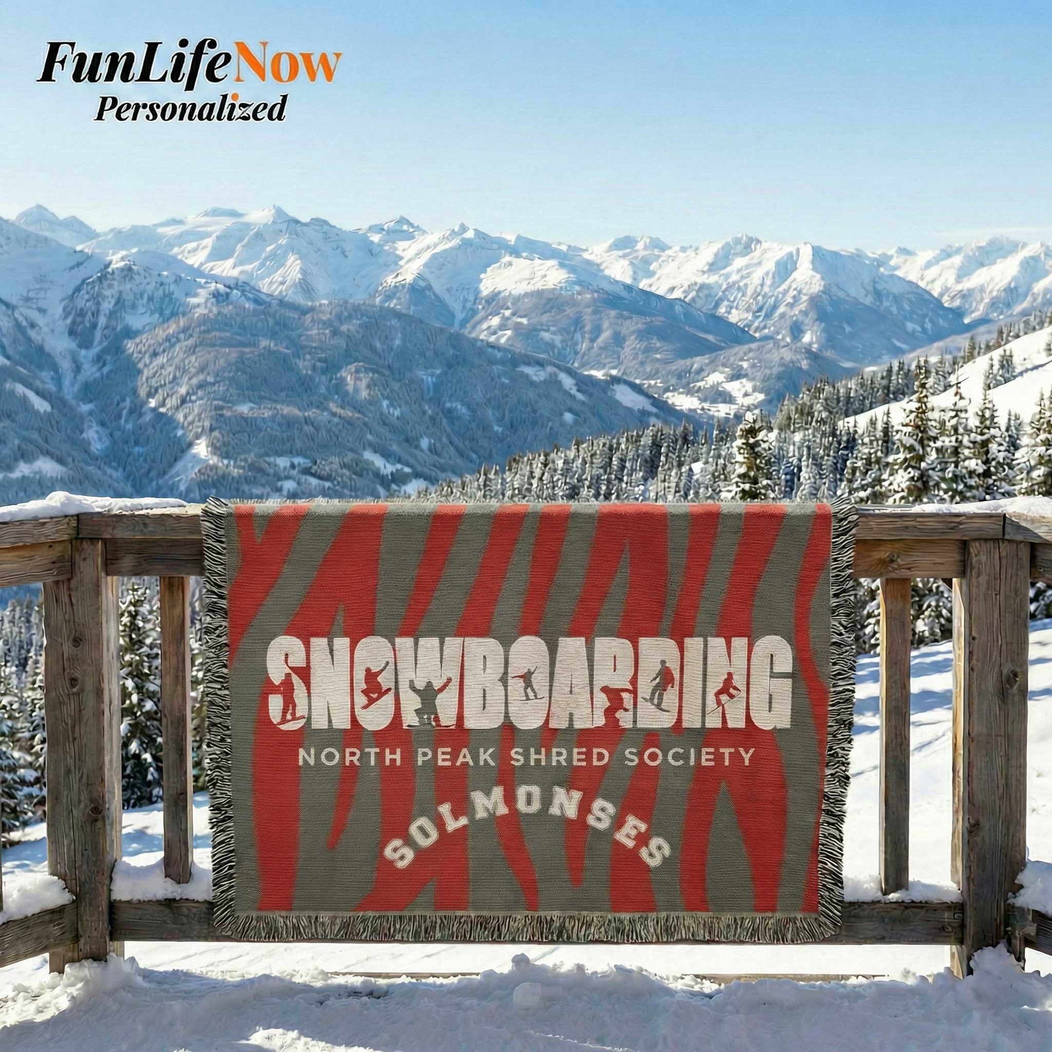 Personalized Blanket with 'Snowboarding North Peak Shred Society' text in a snowy mountain setting. Custom blanket available at Funlifenow.com