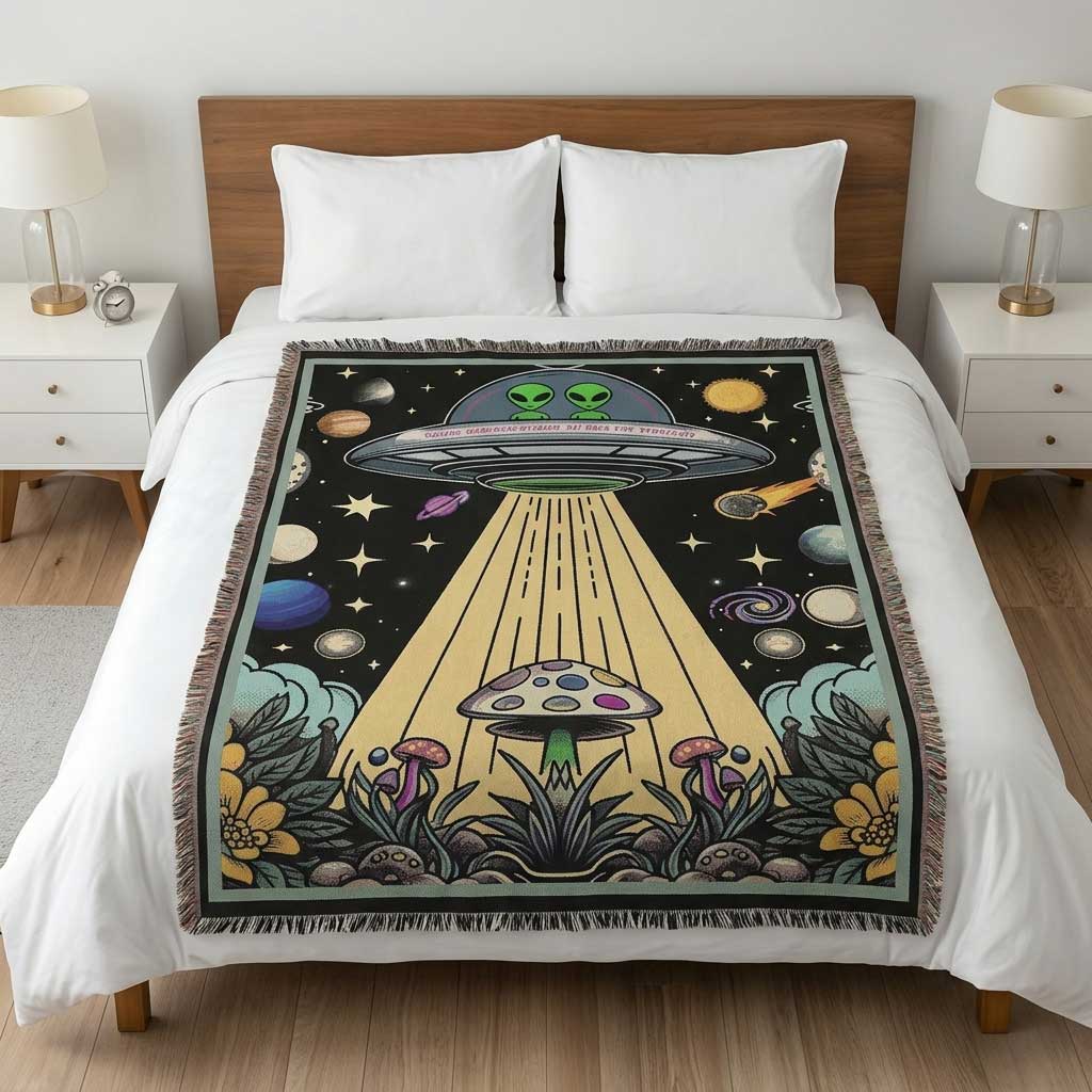 Personalized Alien Couple UFO Woven Blanket Custom Space Gift Throw
