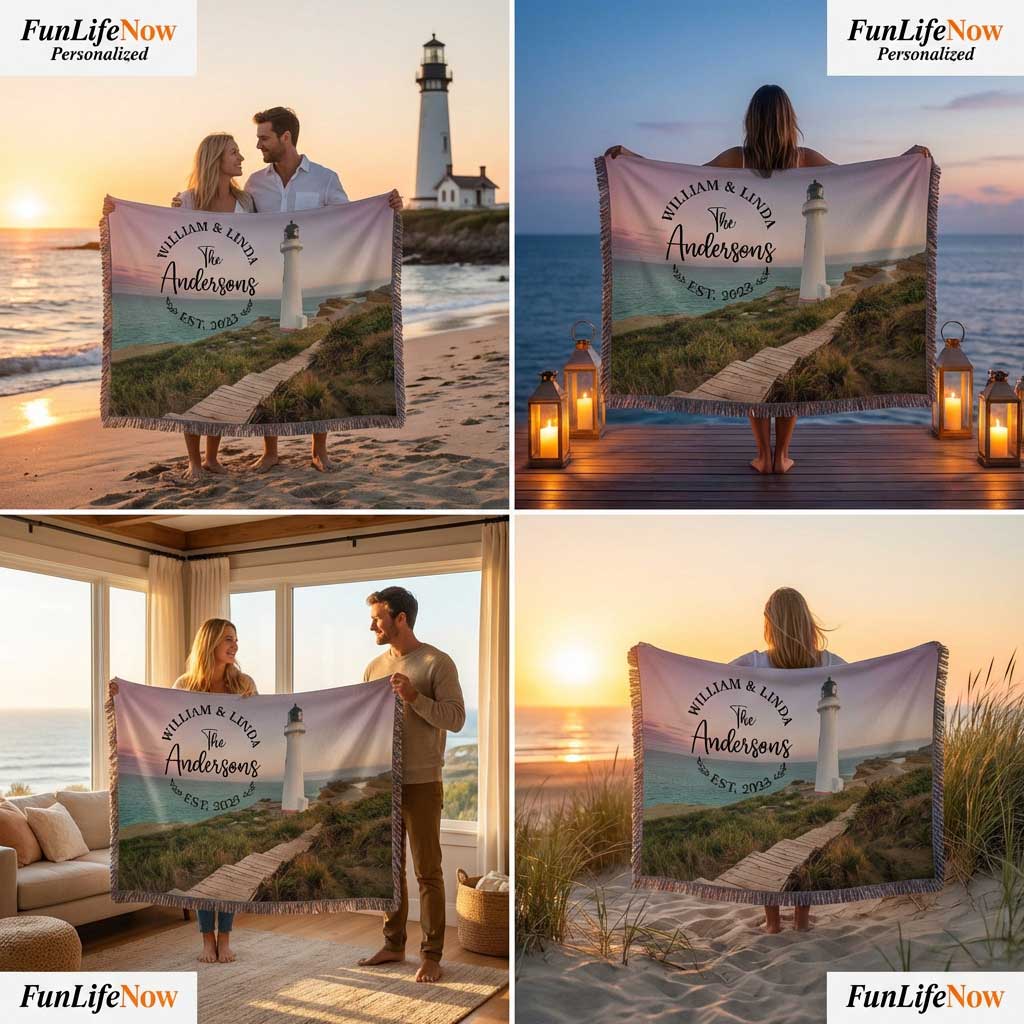 Personalized blanket with scenic design and couple holding it by a lighthouse. Names and dates are customized and woven into the blanket. Blanket available at funlifenow.com