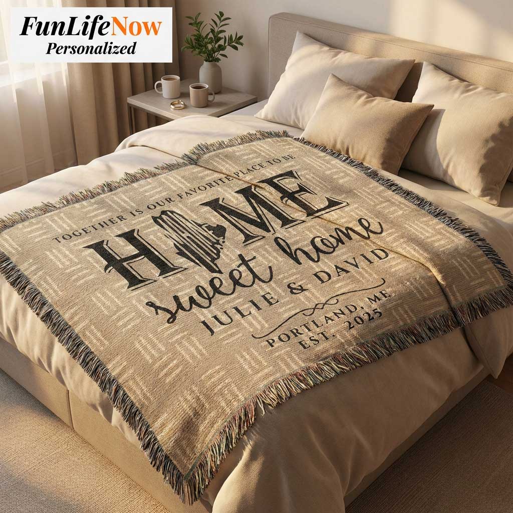 Personalized Maine state 'Home Sweet Home' blanket with customized text on a bed with 'FunLifeNow' branding.