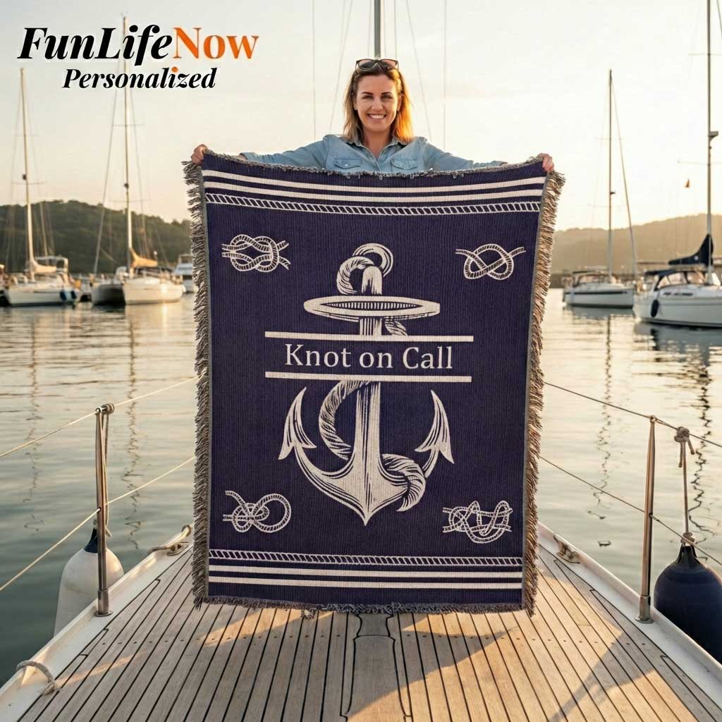 Personalized Nautical Knots Woven Blanket Custom Boat Name Throw