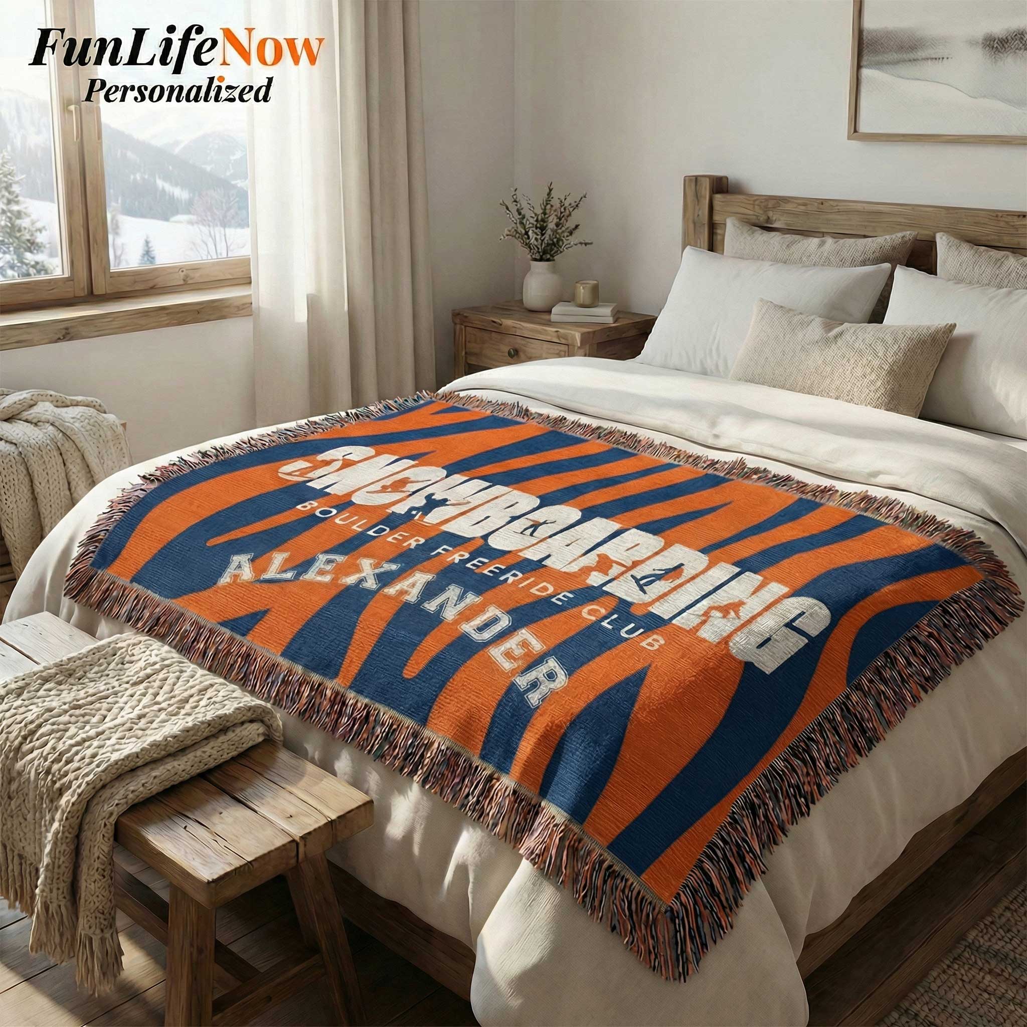Bedroom with a personalized snowboarding blanket featuring 'Alexander' and 'Boulder Ski Club' on a bed. Custom blanket available at Funlifenow.com