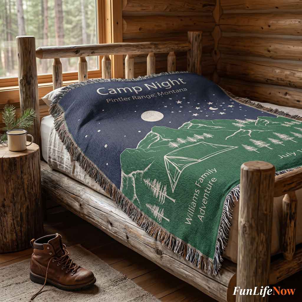 Personalized Camp Night Woven Blanket Custom Tent Camping Gift Throw