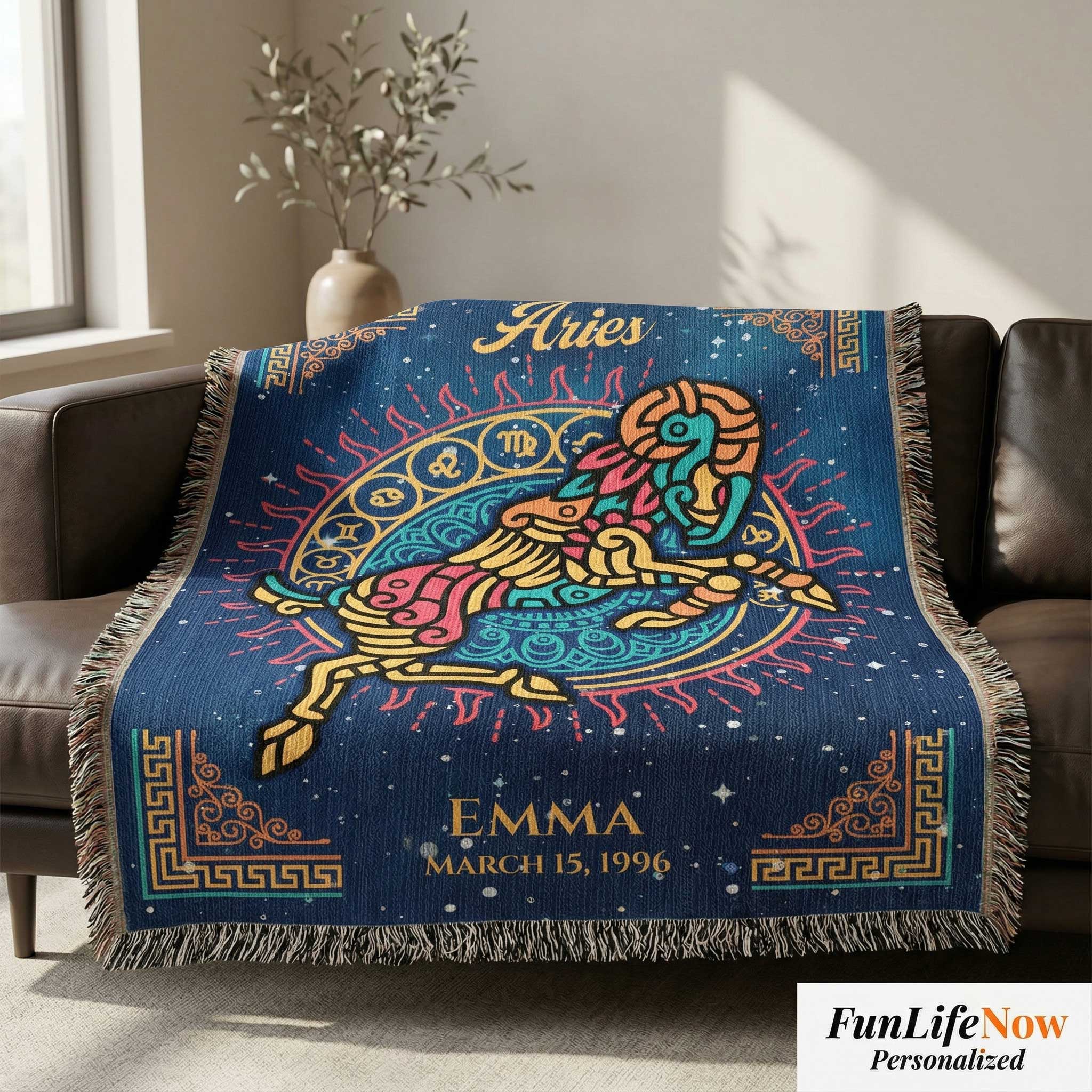 Personalized Aries Zodiac Woven Blanket Astrology Gift Custom Throw