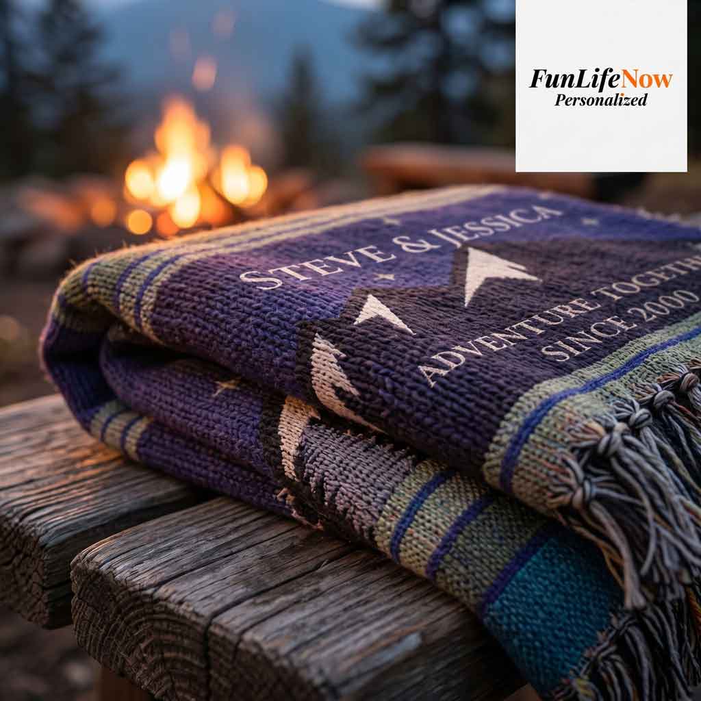 Personalized Mountain Adventure Woven Blanket Custom Couples Camping Gift Throw