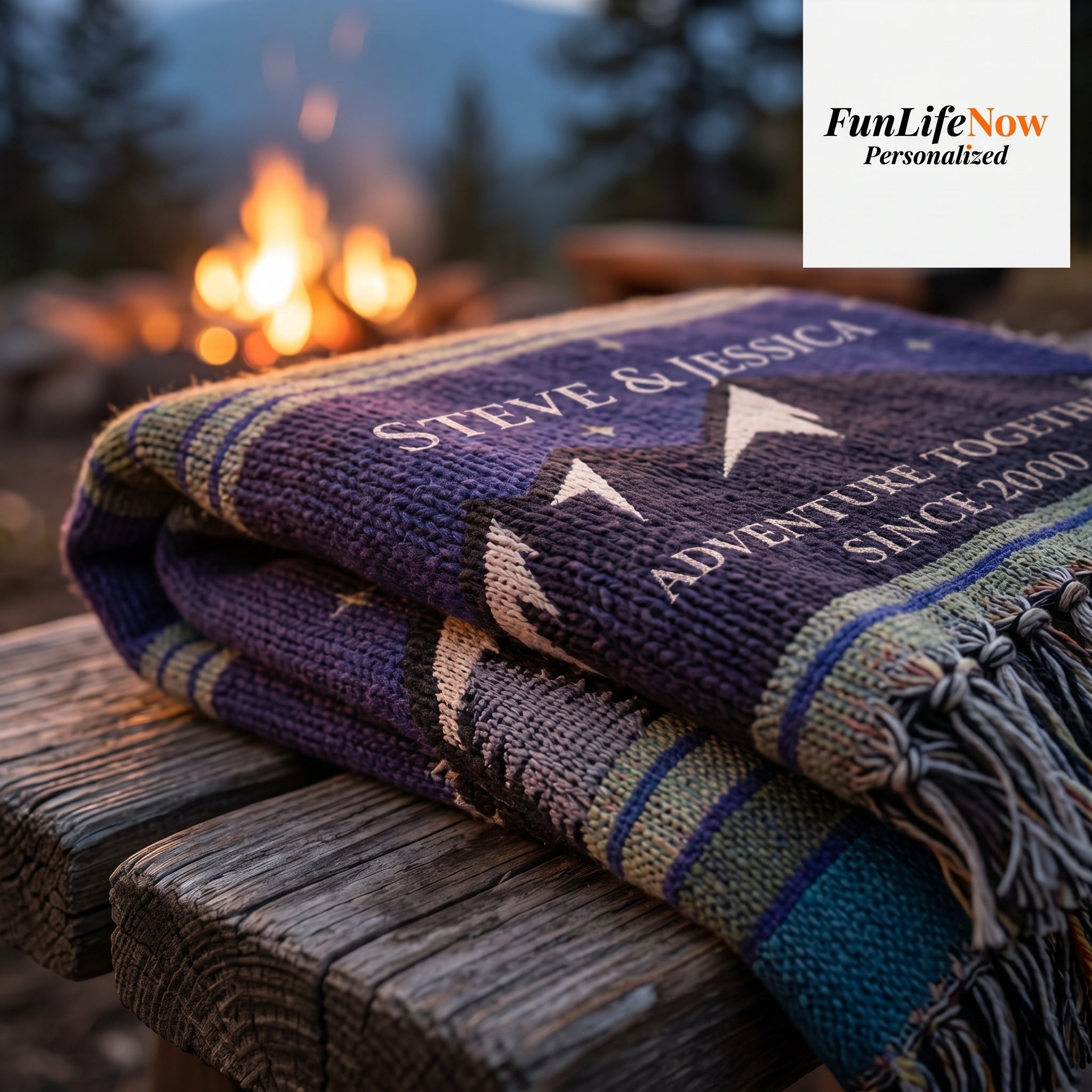 Personalized Mountain Adventure Woven Blanket Custom Couples Camping Gift Throw