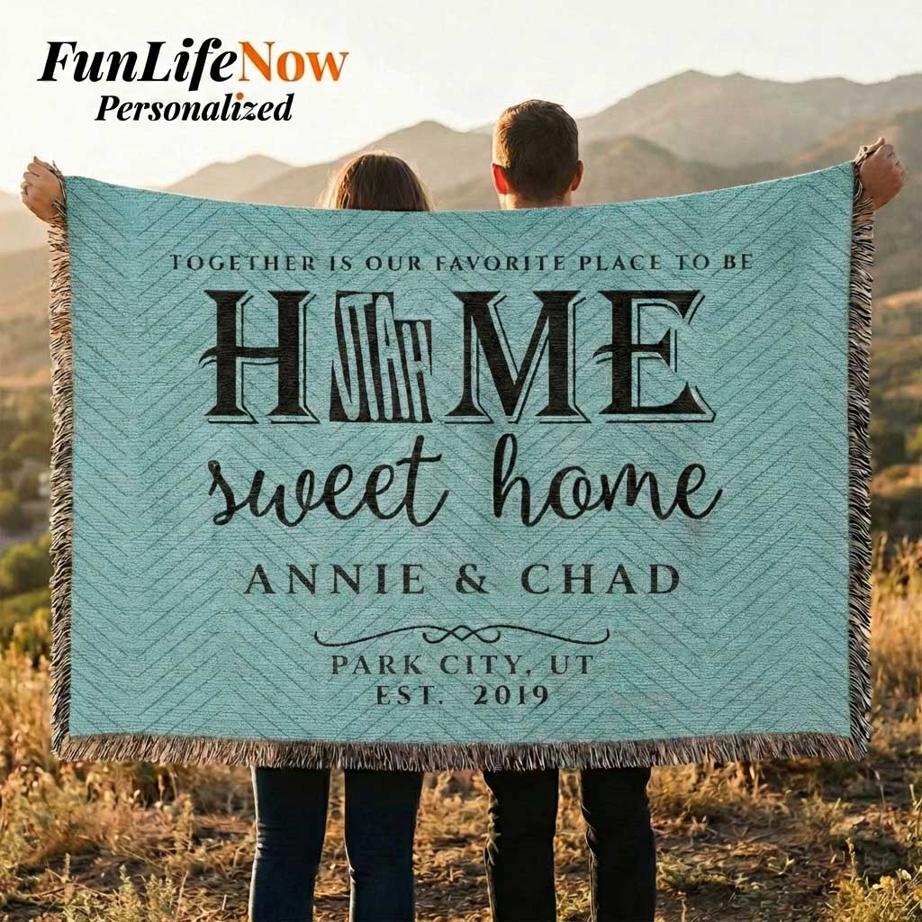 Custom blanket available at funlifenow.com. two people holding up personalized Utah home sweet home blanket. 