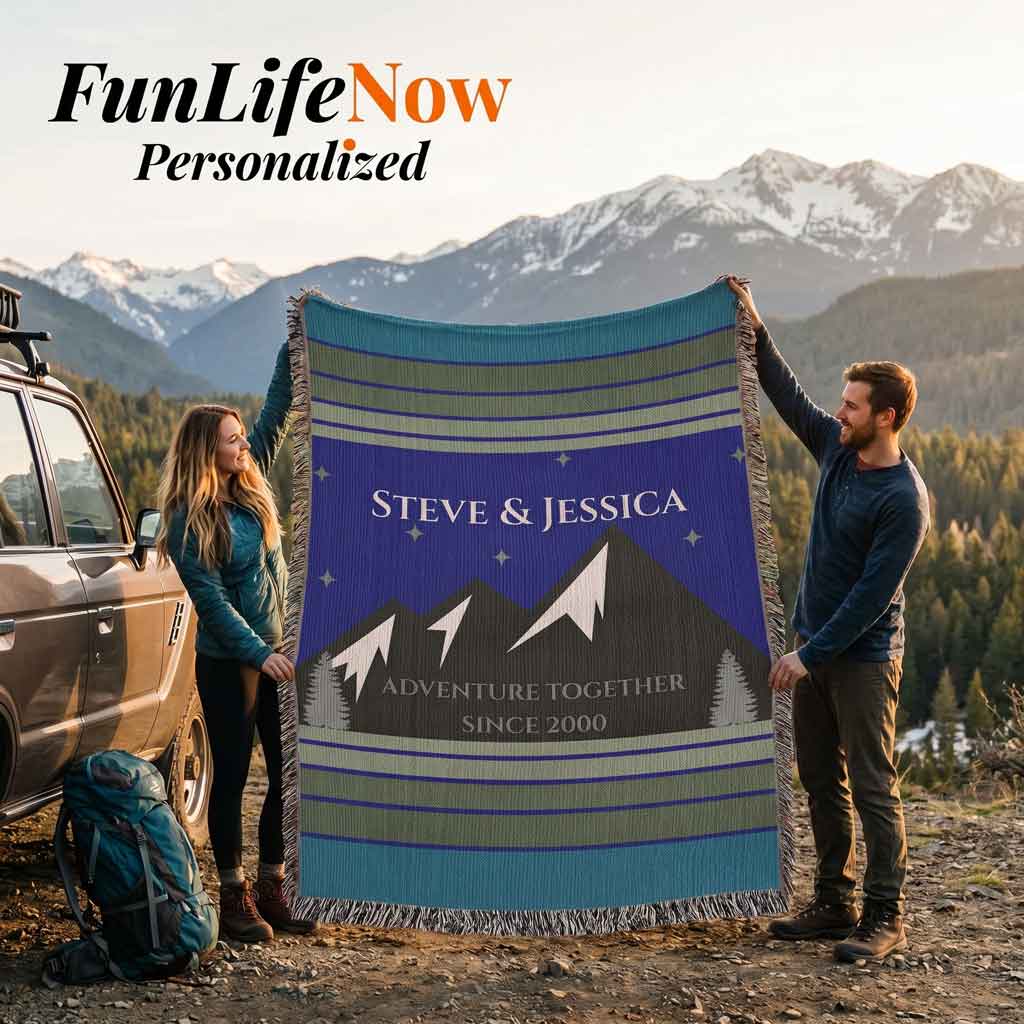 Personalized Mountain Adventure Woven Blanket Custom Couples Camping Gift Throw