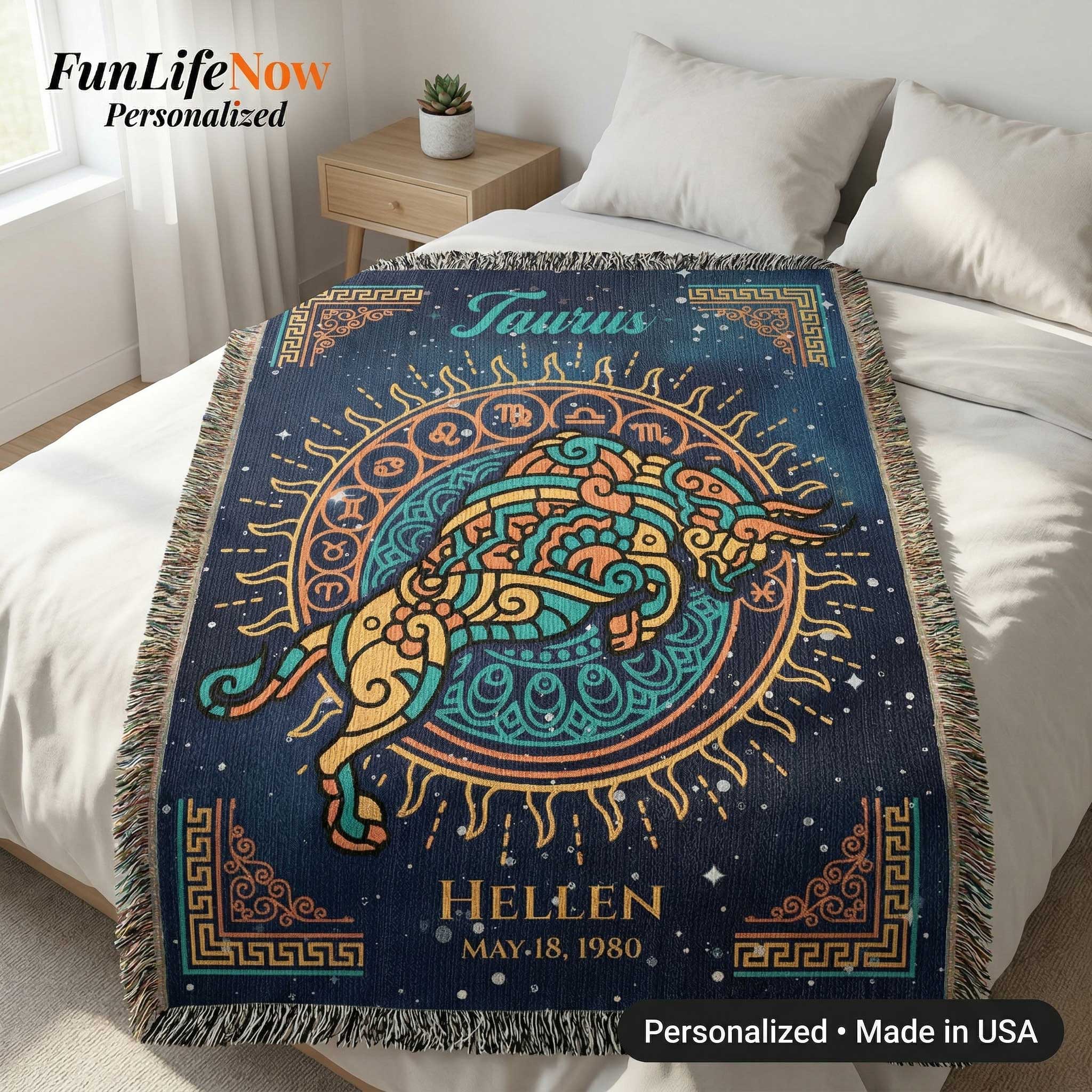 Personalized Taurus Zodiac Woven Blanket Astrology Gift Custom Throw