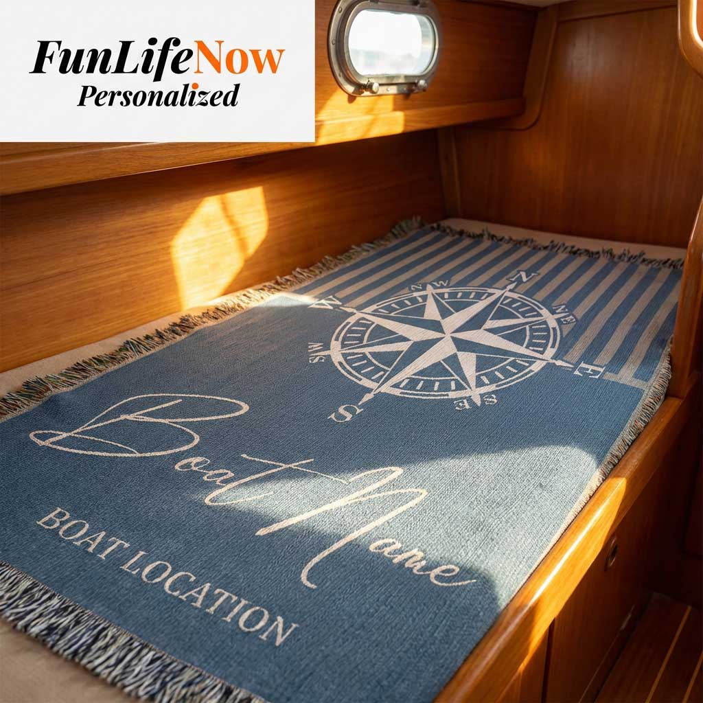 Blue and white striped personalized blanket with compass design on a boat, featuring 'FunLifeNow Personalized' branding.