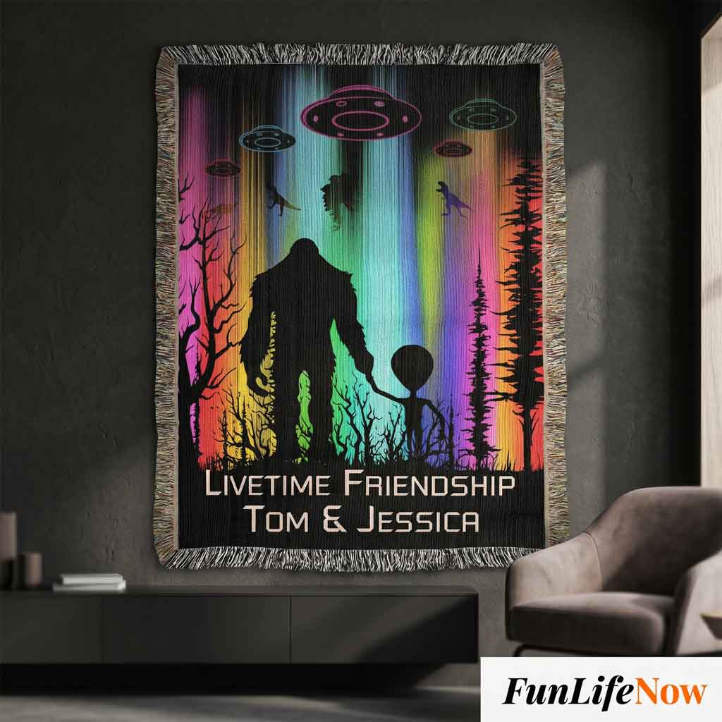 Personalized Bigfoot and Alien Friendship Woven Blanket Custom Gift Throw