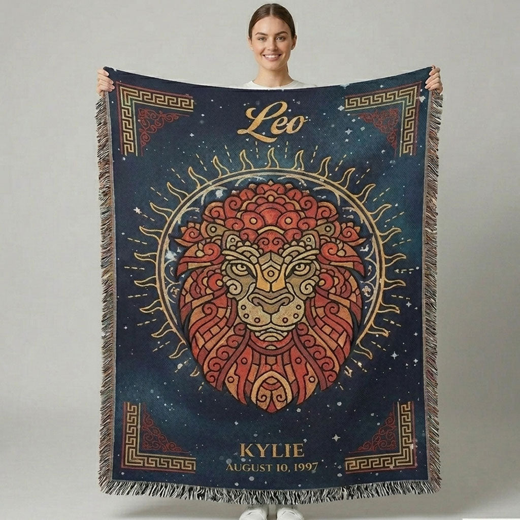 Personalized Leo Zodiac Woven Blanket Astrology Gift Custom Throw