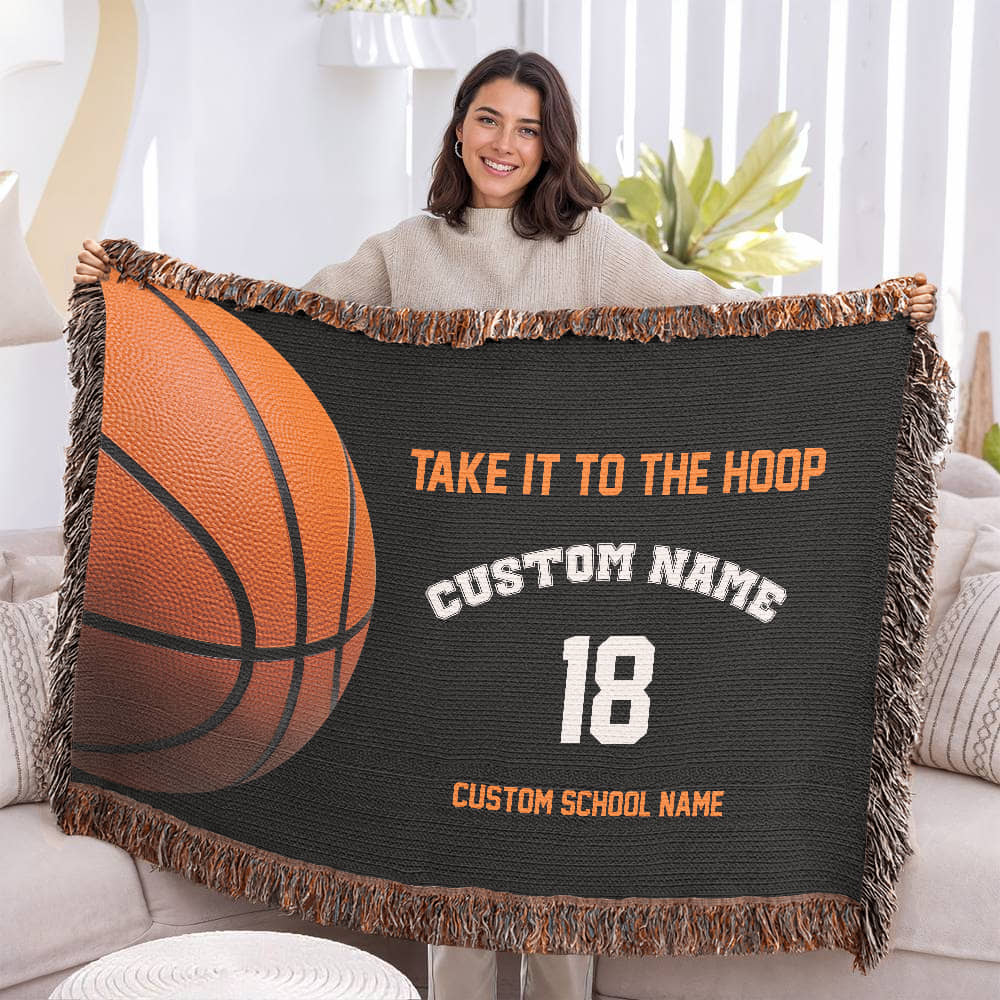 Personalized Basketball Woven Blanket – School Spirit Gift, Custom Fleece/Sherpa Throw