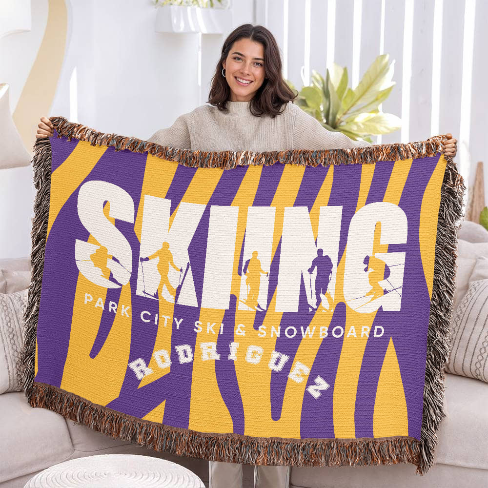 Personalized Skiing Woven Blanket Throw – Custom Skier Gift