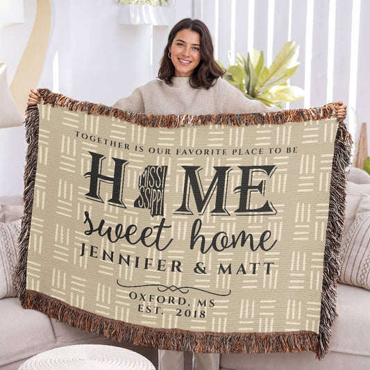 Personalized Mississippi Woven Blanket – Custom Cotton Home Throw with Names & Date
