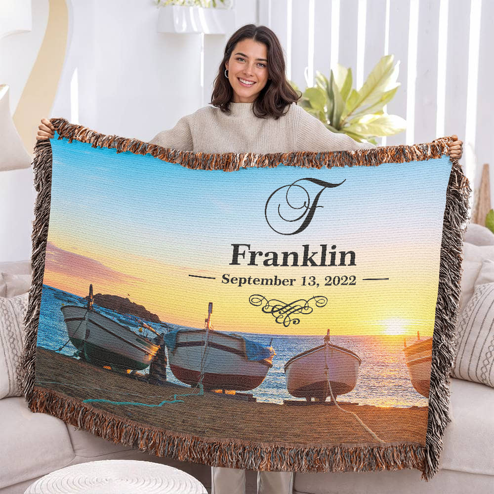 Personalized Boats Sunset Monogram Woven Blanket Custom Last Name and Date Throw