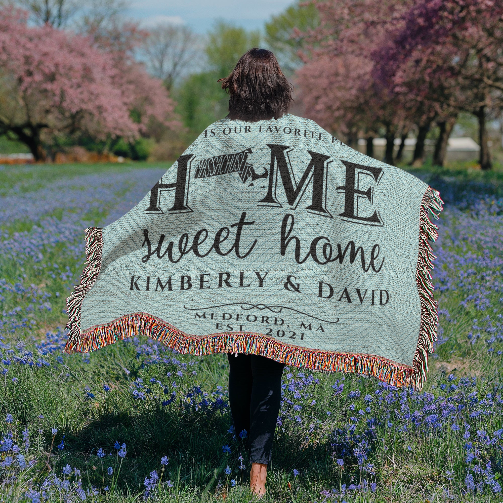Personalized Massachusetts Woven Blanket – Custom Home State Throw with Name & Location