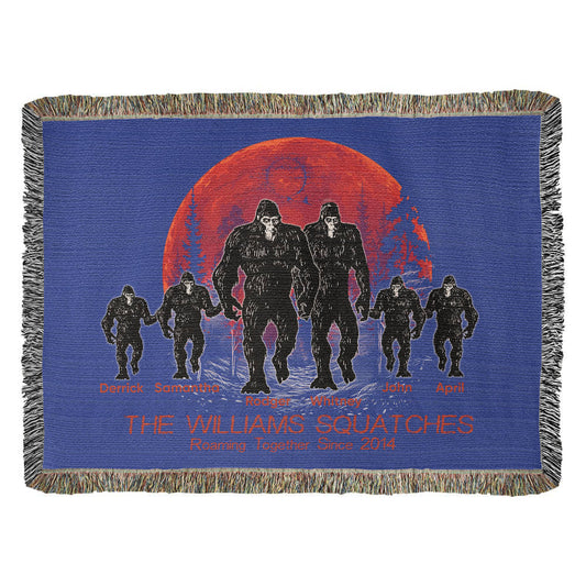 Personalized Family Bigfoot Woven Blanket – Custom Sasquatch Family Gift Throw