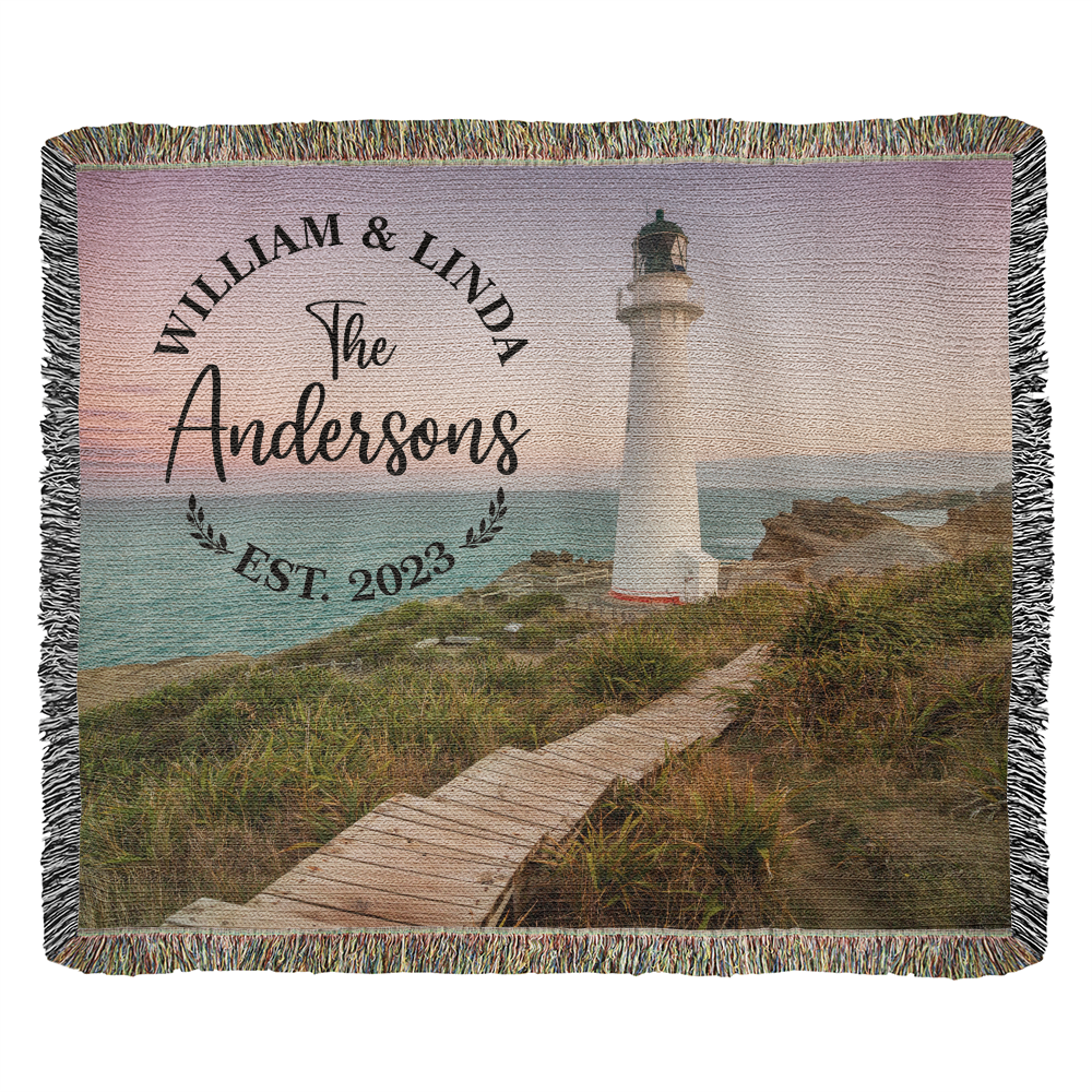 Personalized Lighthouse Monogram Woven Blanket Custom Family Name and Date Throw