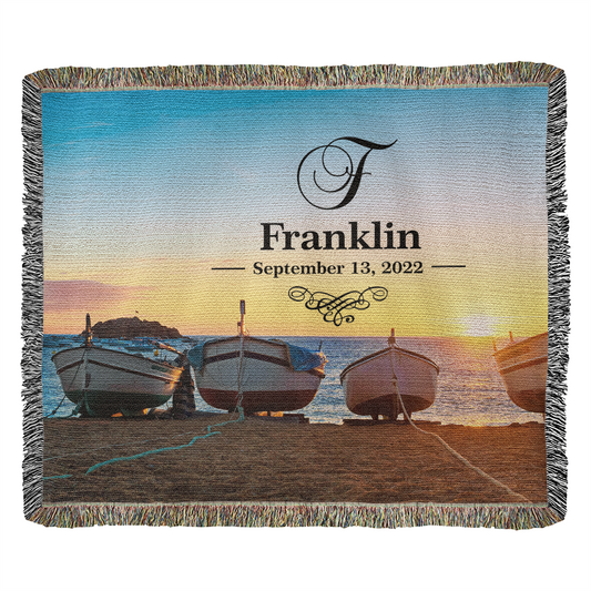 Personalized Boats Sunset Monogram Woven Blanket Custom Last Name and Date Throw