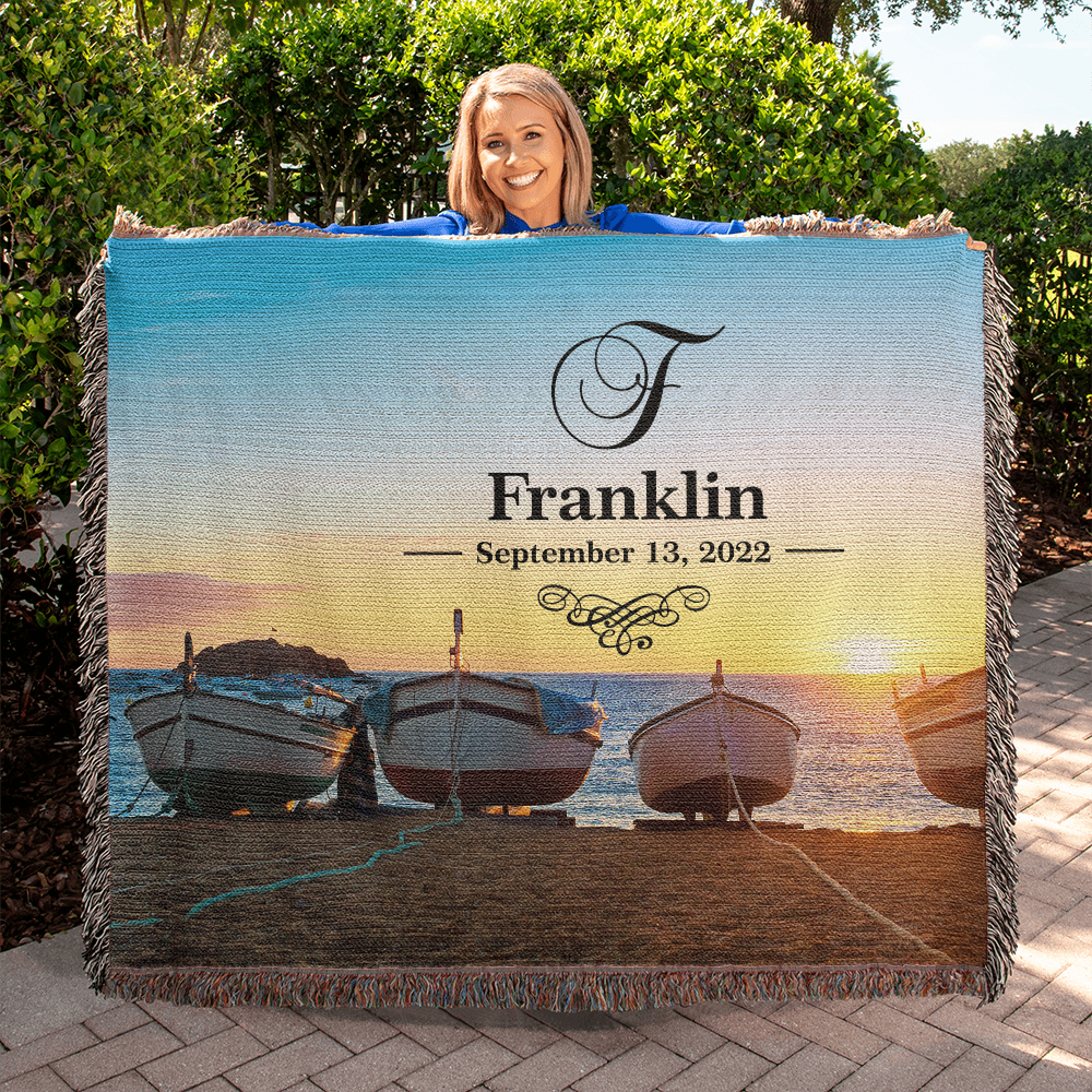 Personalized Boats Sunset Monogram Woven Blanket Custom Last Name and Date Throw